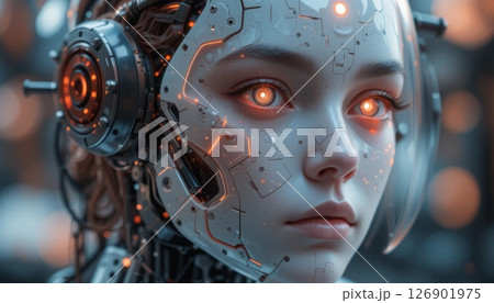 Cybernetic Female Android Glowing Orange Eyes Portrait 126901975