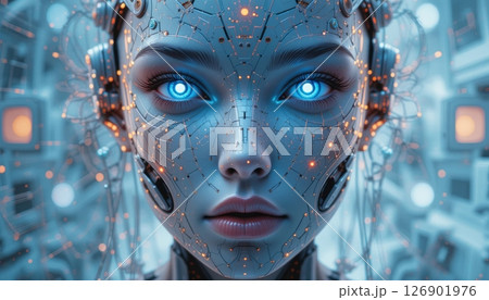 Neural Network AI Face Cybernetic Blue Eyes Portrait 126901976