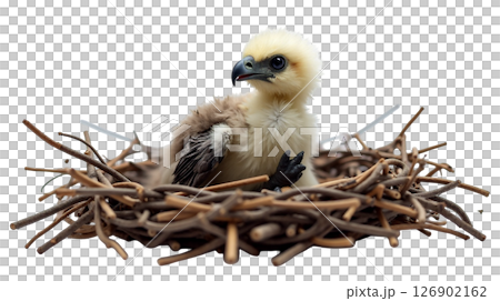 A fluffy baby eagle chick sits alone in its rough stick nest, with its curved beak slightly open and one large talon visible. This moment captures the vulnerability of the young bird. 126902162