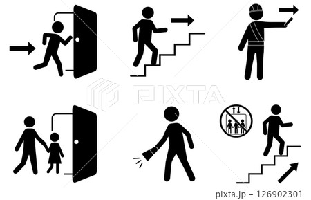 避難誘導と緊急時行動を示すピクトグラムセット 126902301
