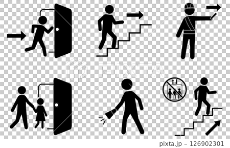 避難誘導と緊急時行動を示すピクトグラムセット 126902301