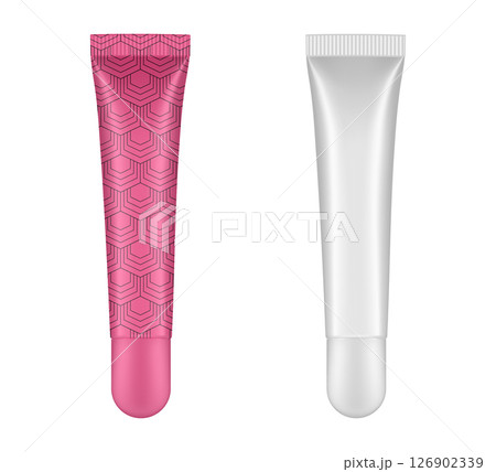 Set of cosmetic tubes. 3d mockup. Pink pattern and white basic color. Lip gloss, balm or serum Set of cosmetic tubes. 3d mockup. Pink pattern and white basic color. Lip gloss, balm or serum 126902339