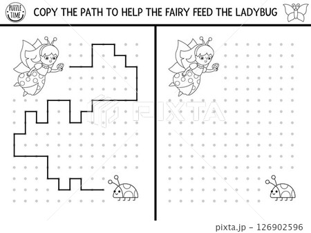 Fairyland black and white drawing, writing, tracing, space orientation activity for kids with fairy bug. Draw lines in box. Preschool woodland fantasy printable game, puzzle, coloring page 126902596
