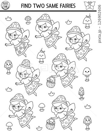 Find two same mushroom fairies. Fairyland black and white matching activity, coloring page for children. Magic garden or forest educational quiz worksheet for kids. Printable game with cute girl Find two same mushroom fairies. Fairyland black and white matching activity, coloring page for children. Magic garden or forest educational quiz worksheet for kids. Printable game with cute girl 126902606