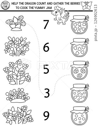Match the numbers black and white fairyland game or coloring page with dragon cooking marmalade. Woodland fairy garden math activity. Fairytale counting worksheet with berries, jam jars Match the numbers black and white fairyland game or coloring page with dragon cooking marmalade. Woodland fairy garden math activity. Fairytale counting worksheet with berries, jam jars 126902613