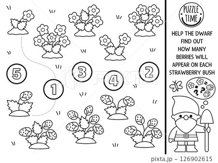 Match the numbers black and white fairyland game with dwarf counting flowers and strawberries. Woodland fairy garden math activity, coloring page for kids. Fairytale counting worksheet Match the numbers black and white fairyland game with dwarf counting flowers and strawberries. Woodland fairy garden math activity, coloring page for kids. Fairytale counting worksheet 126902615