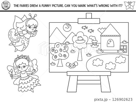 Fairyland black and white logical activity with fairies drawing landscape with cloud in water, stairs on roof, fish on sky. What is wrong with picture. Logic worksheet, coloring page. Magic fairy Fairyland black and white logical activity with fairies drawing landscape with cloud in water, stairs on roof, fish on sky. What is wrong with picture. Logic worksheet, coloring page. Magic fairy 126902623