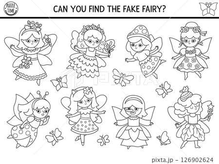 Spot fake fairy. Fairyland black and white find odd one out worksheet. Fairytale logical activity for kids with cute girls and disguising witch. Magic fantasy coloring page, worksheet. Printable game Spot fake fairy. Fairyland black and white find odd one out worksheet. Fairytale logical activity for kids with cute girls and disguising witch. Magic fantasy coloring page, worksheet. Printable game 126902624