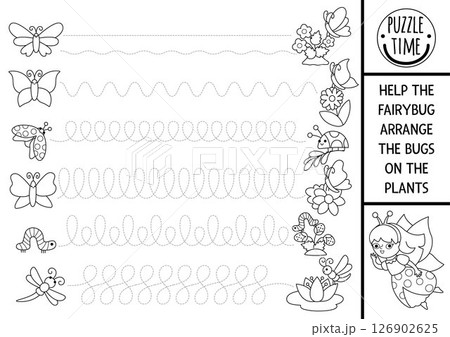 Vector black and white handwriting practice worksheet with woodland fairy arranging bugs on plants and flowers. Printable activity, coloring page for kids with insects. Fairyland tracing game 126902625
