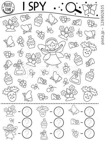 Fairyland black and white I spy game for kids. Searching and counting activity with berry fairy, strawberry, shoe, cupcake. Fairytale printable worksheet. Fantasy coloring page, puzzle Fairyland black and white I spy game for kids. Searching and counting activity with berry fairy, strawberry, shoe, cupcake. Fairytale printable worksheet. Fantasy coloring page, puzzle 126902635