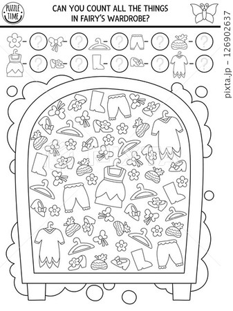 Fairyland black and white I spy game for kids shaped as fairy wardrobe with clothes. Searching and counting activity with dress, hanger. Fairytale printable worksheet. Fantasy coloring page 126902637