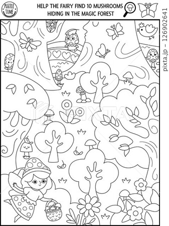 Vector fairyland black and white searching game with enchanted forest landscape, fairy, basket. Spot hidden mushroom. Fairytale seek and find educational printable activity, coloring page for kids 126902641