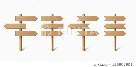 Vector Realistic Wooden Blank Sign Post Set. Realistic Road Signboard. Plywood Pointer, Timber, Directional Sign Design Template, Front View. Vector Illustration in 3D Style 126902901