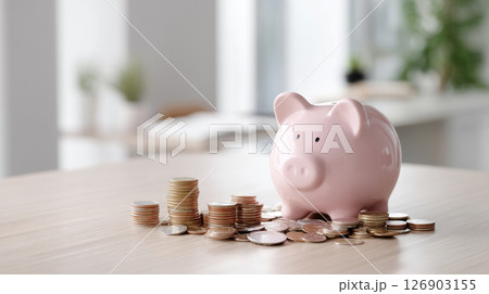 豚の貯金箱と積み重なったコイン 126903155