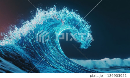 Dynamic ocean wave with vibrant blue colors and foamy crest. 126903921