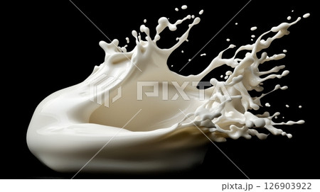 Creamy liquid splash against a dark background. 126903922