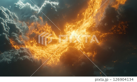 Fiery clouds illuminated by an intense light source. 126904134