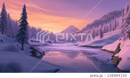 Serene winter landscape with a river and...のイラスト素材 [126904150] - PIXTA