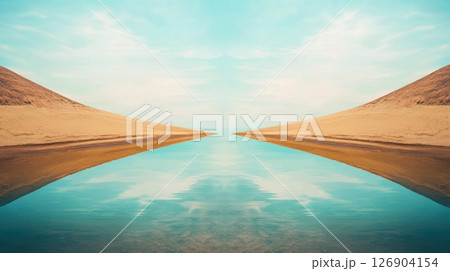 Serene landscape with water reflecting sandy hills. 126904154