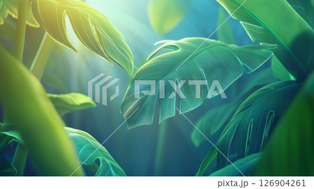 Lush green tropical leaves with soft light filtering through. 126904261