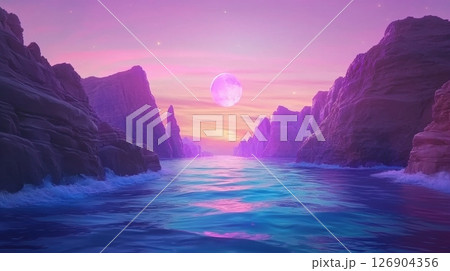 Serene ocean view with mountains and a colorful sunset. 126904356