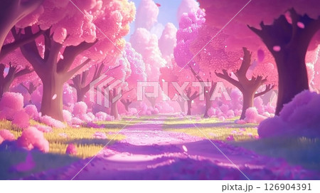 A vibrant pink tree-lined pathway under a bright sky. 126904391