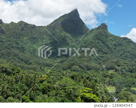 タヒチのモーレア島の緑深い山並みの空撮 126904547