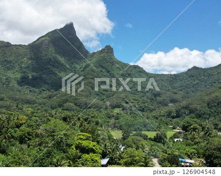 タヒチのモーレア島の緑深い山並みの空撮 タヒチのモーレア島の緑深い山並みの空撮 126904548