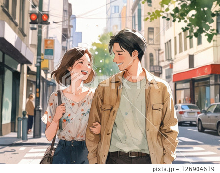 街を歩く若いカップルの水彩風イラスト6|自然体な恋人のデートシーン 街を歩く若いカップルの水彩風イラスト6|自然体な恋人のデートシーン 126904619