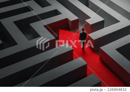 強調された赤い道で迷路を進む自信ある男性、象徴的なリーダーシップのイメージ 126904632