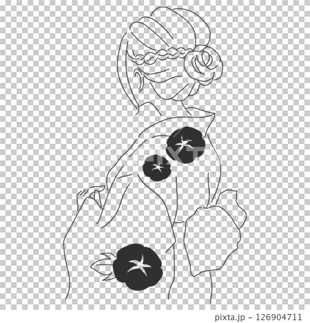 線画の後ろ姿の浴衣を着た綺麗な女性のイラスト 126904711