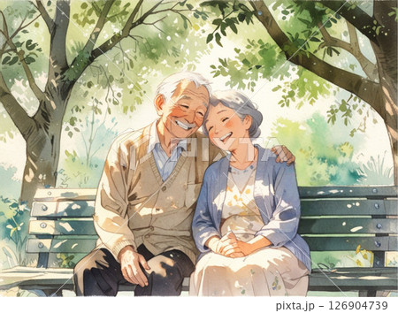仲良し老夫婦のやさしい時間5｜木陰のベンチで微笑み合う水彩風イラスト 126904739