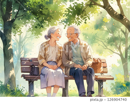 仲良し老夫婦のやさしい時間4｜木陰のベンチで微笑み合う水彩風イラスト 126904740
