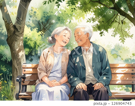 仲良し老夫婦のやさしい時間1｜木陰のベンチで微笑み合う水彩風イラスト 126904743