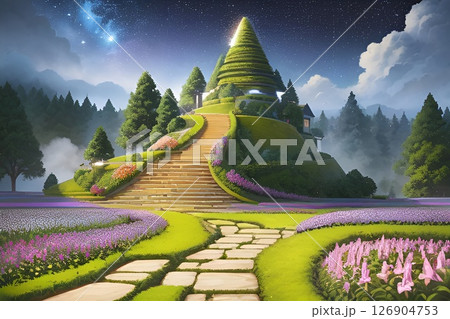 ゲーム背景　アジアの寺風建造物がある公園 126904753