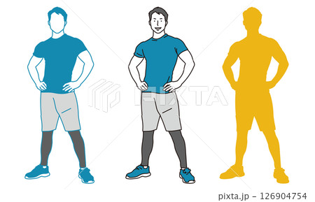 腰に手をあてて立つスポーツマン男性の全身イラスト素材 126904754