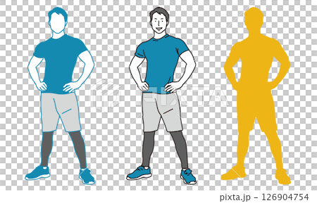 腰に手をあてて立つスポーツマン男性の全身イラスト素材 126904754