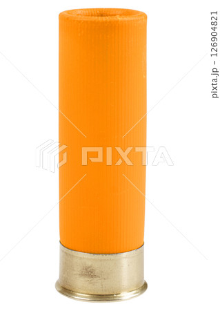 Orange 12 gauge shotgun shell isolated on white Orange 12 gauge shotgun shell isolated on white 126904821