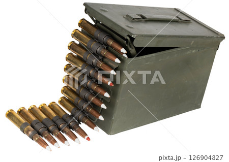 .50 BMG caliber machine gun ammunition belt with cartridges in ammunition can. .50 BMG caliber machine gun ammunition belt with cartridges in ammunition can. 126904827