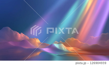 幻想的な朝焼けに包まれたカラフルな山並みの風景イラスト 126904939