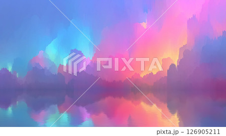 虹色に輝く雲が浮かぶ幻想的な空のデジタルイラスト背景画像 126905211