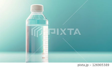 A clear plastic bottle filled with fresh water, reflecting light against a turquoise background. A clear plastic bottle filled with fresh water, reflecting light against a turquoise background. 126905389