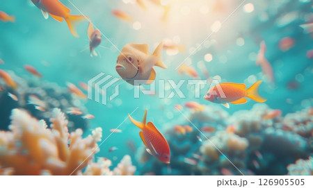 Vibrant underwater scene featuring colorful fish swimming among coral, illuminated by soft sunlight filtering through the water. 126905505