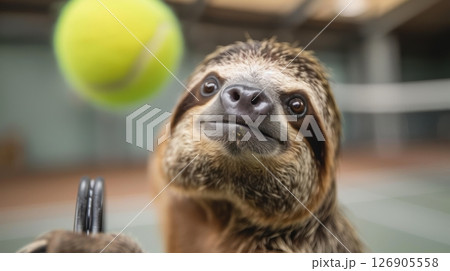 A curious sloth watching a tennis ball with an adorable expression, perfect for wildlife or animal-themed projects. 126905558