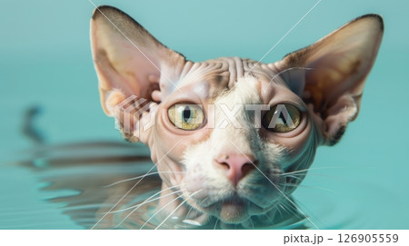 A curious sphynx cat swimming in tranquil turquoise water, showcasing its unique features and playful personality. 126905559