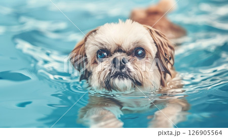 A cute dog swimming in a refreshing pool, enjoying the water on a sunny day. Perfect for pet lovers and animal photography. 126905564