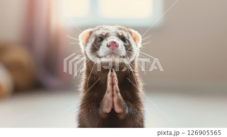 A cute ferret with paws together, looking up with a hopeful expression in a cozy indoor setting. 126905565