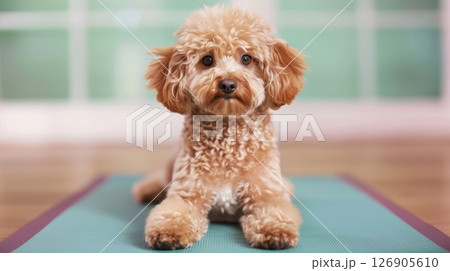 A cute, fluffy dog sitting calmly on a yoga mat, showcasing a peaceful and serene atmosphere perfect for pet lovers. 126905610