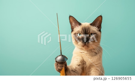 A playful cat holding a fencing sword, showcasing a whimsical pose against a vibrant turquoise background. 126905655