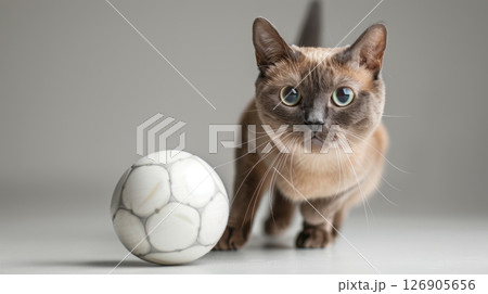 A playful cat interacts with a soccer ball, showcasing curiosity and playfulness in a minimalist setting. 126905656